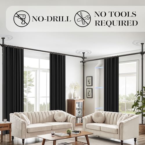 Image of Room Divider Curtain Set-No Drilling Curtain Rod Set, Room Divider Wall for Partition Room Dividers, Bedroom Divider Black-100 W x 84 inch L(Pack of 2)
