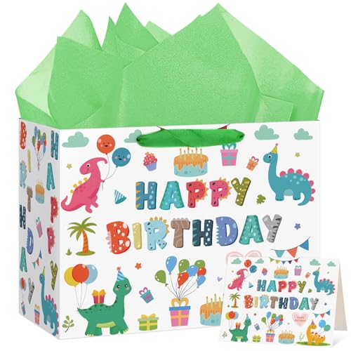 Hooqict Large Dinosaur Gift Bag Happy Birthday Gift Bag with Handles Wrapping Tissue Paper and Greeting Cards for Kids Boys 1st 2nd 3rd Dinosaur Birthday Party Supplies Baby Showers