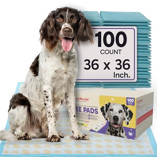 Image of PETSWORLD Giant Dog Potty Pads, Odor-Eliminating, 36 inch x 36 inch, Ultra Absorbent 5-Layer Leak-Proof Training Pads for Dogs & Cats (36x36 Health Indicating, 100 Count)
