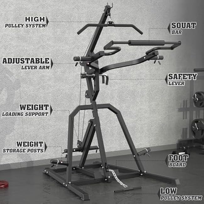 DONOW Leverage Gym Power Rack Squat Rack Lever Gym with LAT Low Row System Home Gym System Workout Station 2:1 Ratio (Without Weight Plates)