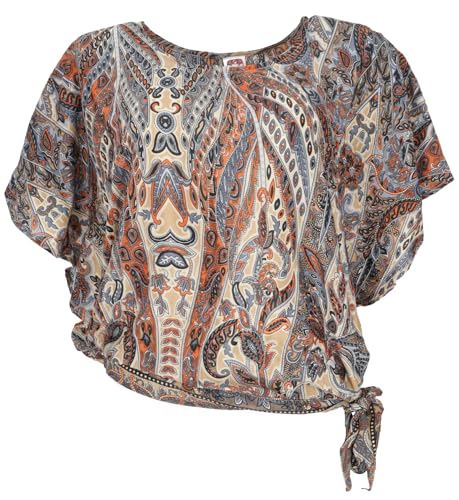 GURU SHOP Lockere Sommerbluse, Seidige Boho Bluse - Beige/blau, Damen,...
