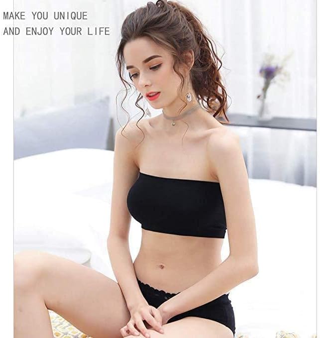 3 Pieces Women Strapless Bandeau Bra, Padded Bralette Seamless Bandeau Tube Top Bra, Black+White+Beige, M - Image 4