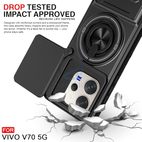 Image of AESTMO Vivo V70 5G / V70 Elite 5G Back Cover | Armor Camera Slider 360 Degree Rotating Finger Ring Holder Case with Bracket Stand Back Case Cover (Compatible with MagSafe Accessories) (Black)