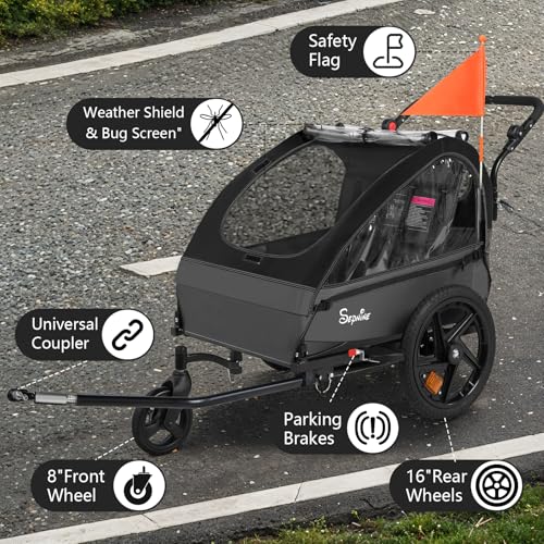 Image of Sepnine Kids Bike Trailer, 2 in1 Canopy Carrier Converts to Stroller Suitable for 1 to 2 Kids, 12+ Months, Quick Attach to Bike, Foldable, with 5-Point Harness and Storage Bags