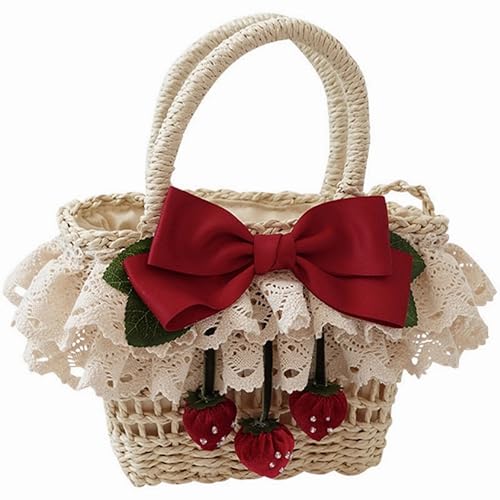 Lolita Girls Strawberry Straw Handbag Women's Handmade Bowknot Rattan Bag