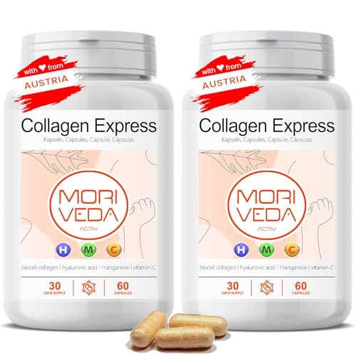 Collagen Express Kapseln mit Biocell Collagen Typ-2-2 Monate Vorrat - Hyaluronsäure, Chondroitinsulfat, Vitamin-C & Mangan - Haut Haare Gelenke - von MoriVeda 2x 60 Stück