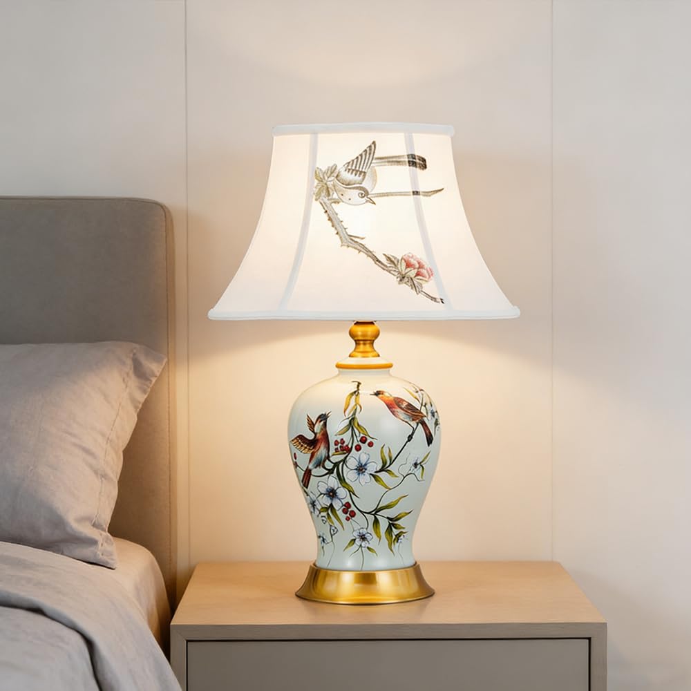 Lámpara de mesa de Cerámica Dormitorio Dormitorio lámpara Moderna estilo americano europeo E27 Lámpara de Noche Dormitorio Lámpara de Escritorio pájaro flor Lámpara De Cabecer salón Estudio (Blanco)