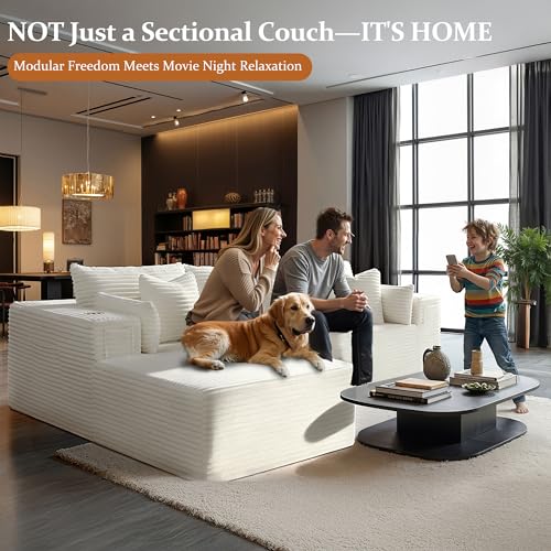 Image of 108 inch Cloud Sectional Couch, Comfort L Shaped Boneless Couch for Living Room, Extra Deep Seats No Assembly, Minimalist Modular Sofa, Corduroy (Cream, 2 Seater+Left Facing Chaise)