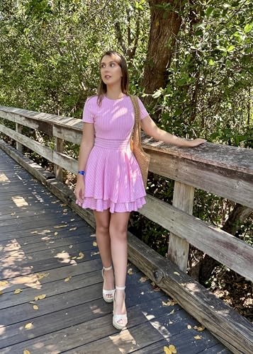 Image of Womens Summer Mini Dresses Short Sleeve Casual Crewneck Knitted Crochet Flowy Tiered Sundress