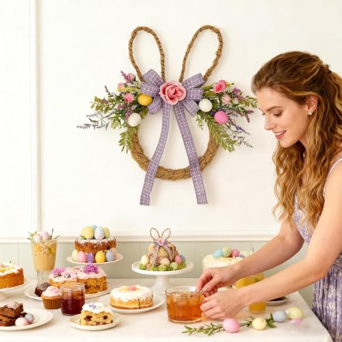 Couronne de Pâques durable avec fleurs pastel et ornement lapin de printemps - 3
