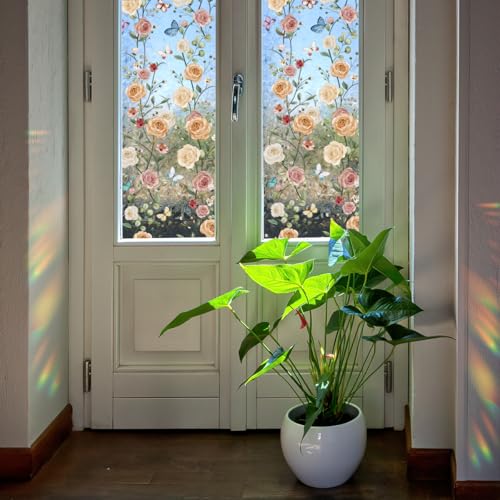 Película decorativa para ventana efecto vitral Boho floral 40x15.75 pulgadas miniatura 1