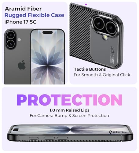 Image of Golden Sand Aramid Fiber Back Cover Case for iPhone 17 - Slim Fit, Military-Grade Drop Protection, Raised Edges for Screen & Camera (Space Black)