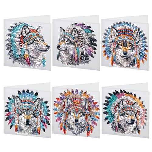 Image of 6 Pack 5D Diamond Art Greeting Cards Kit with Envelopes, Wolf with Native American Headdress Design, DIY Special Shape Diamond Painting Greeting Card for Adults, Handmade Card Craft Gift Set