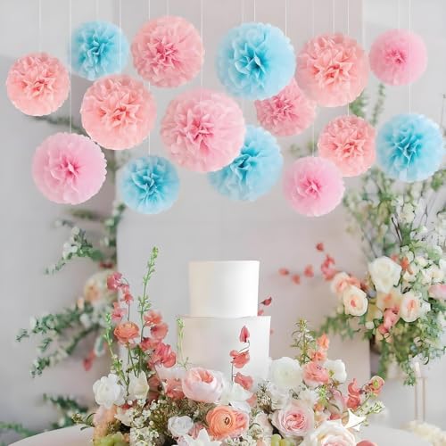 Image of XIKSXITN 12 pc Pink & Blue Tissue Paper Pom Poms - Hanging Paper Flowers Ball for Party Decorative (8&10&12 inch)