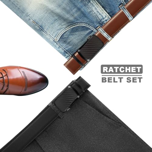 Image of Men's Ratchet Leather Belt Set - 2 Pack Sliding Belt Adjustable For Gift Mens Dress Casual 1 3 /8 inch,Cut for Fit