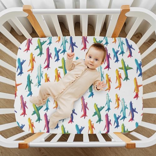 Image of Caikeny Fitted Crib Sheet for Boys Girls Airplane Colored Baby Crib Sheets Bassinet Sheets Crib Mattress Bed Sheets for Toddler Newborn Infant 27 x 39 in