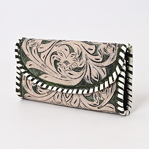 Floral Embossed Leather Clutch – Western Style Handmade Wallet for Women – Vintage Tooled Design with Snap Closure – Compact Purse for Cards & Cash (Green & Tan)2