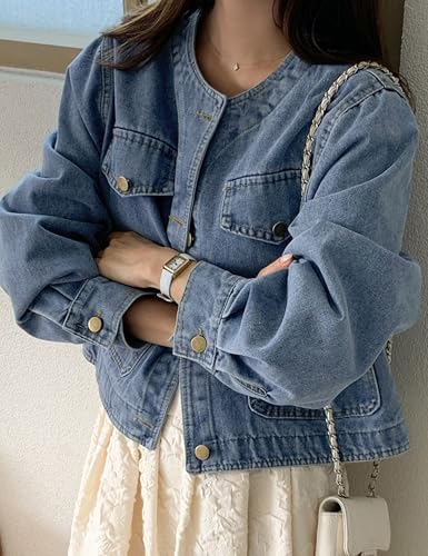 Omoone Women's Denim Jacket Long Sleeve Crop Button Down Collarless Jean Coat with Pocket2
