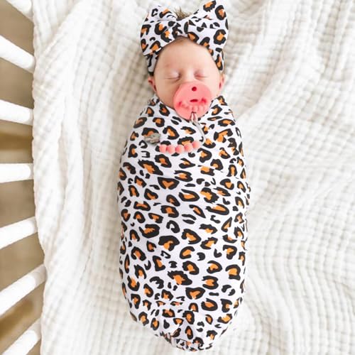 Image of DRESHOW BQUBO Baby Girl Newborn Receiving Blanket with Bow Hat Headband Wooden Birth Announcement Card Set Baby Leopard Nursery Swaddle Wrap