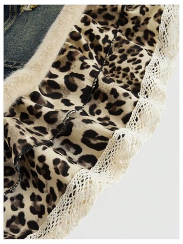 WDIRARA Women's Y2k Leopard Print Denim Mini Skirt Fuzzy Layered Ruffle A Line Skirts4