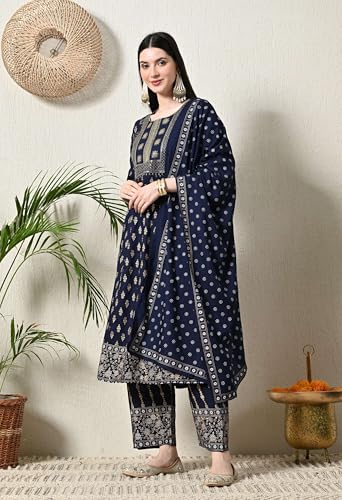 Image of Amazon Brand - Tavasya Women Rayon Straight Kurta Pant Dupatta Set | Embroidered Ethnic Suit Set | Regular Fit Kurta with Pant & Dupatta