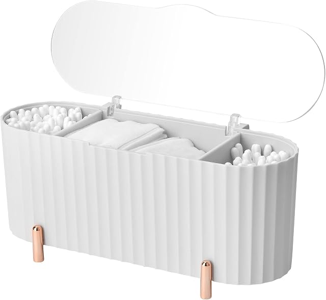 Jroyseter Makeup Organiser Storage Containers,ABS Qtip Holder, 3 Compartments Bathroom Organiser Jar Beauty Make Up Storage Organizer for Cotton Pads,Cotton Buds,Swab, Transparent Cover