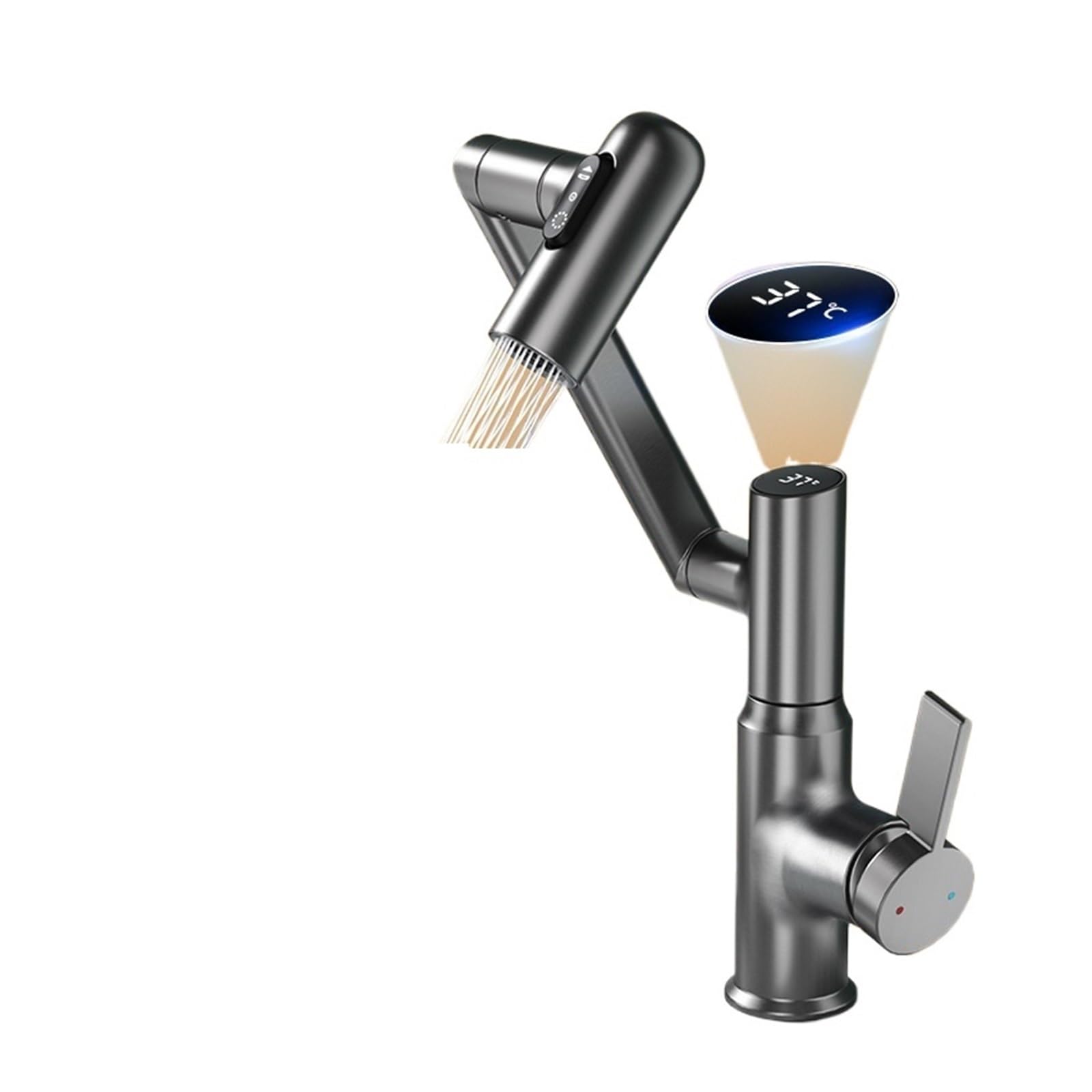 Grifo de lavabo extraíble giratorio de 360° con mezclador de agua caliente y fría, montaje en encimera, pistola de pantalla digital, gris, grifo moderno para lavabo de baño para estilo y funcionalidad