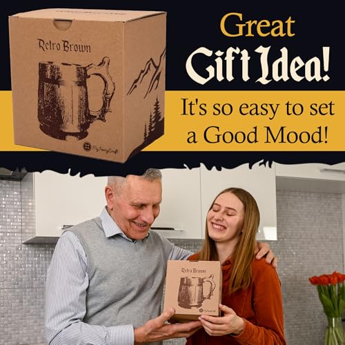 Beer Mug 20 OZ - Tankard Mug - Beer stein - Wooden beer mug - Stainless Steel Cup - Handmade Gifts for Men - Fathers Day, Christmas or Birthday Gift Idea - Men Mug - Retro Brown