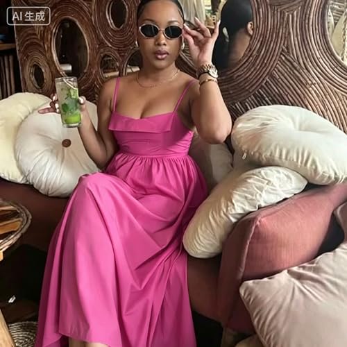 Image of YUEWOO Midi Dresses for Women Casual Summer Sundresses Vacation Outfits Spaghetti Strap Smocked Women Maxi Dress with Pockets