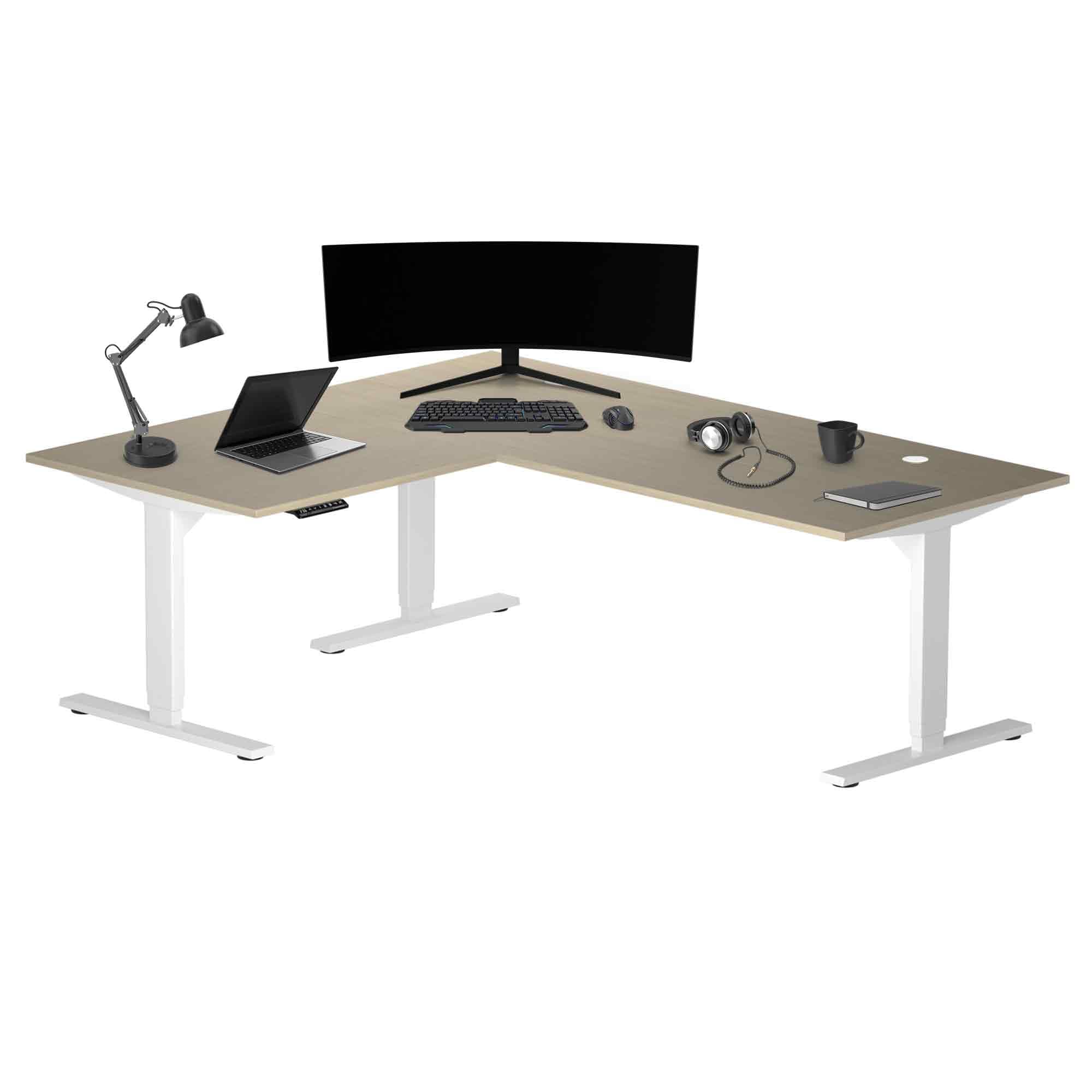 Progressive Desk Stand Up Height Adjustable Electric Standing Desk - L Shaped 60" x 72" Corner Computer Rising Workstation Table - White Frame, Bright