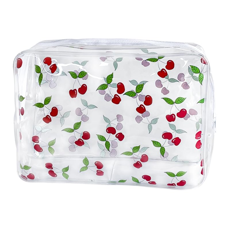2PCS Red Cherry Transparent PVC Cosmetic Bag, Portable Waterproof Storage Bag for Girls' Cosmetics and Toiletries. (Cherry printing L-2pcs)2