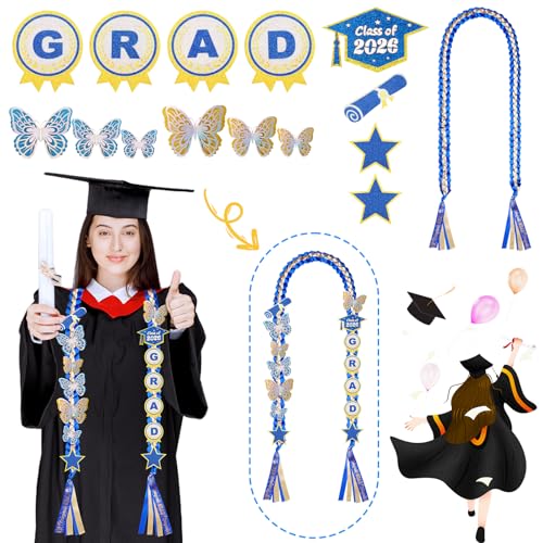 Image of Class of 2026 Graduation Lei,Blue & Gold Double Ribbon Lei with DIY Butterfly Pin Accessories,Graduation Gift for Her Him Woman Man Graduate