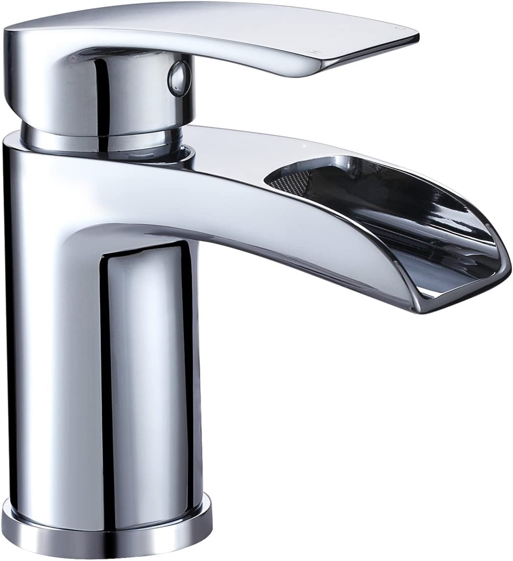 Robinet de salle de bain mitigeur monocommande pour lavabo de lavabo de salle de bain, bec cascade semi-ouvert, chromé
