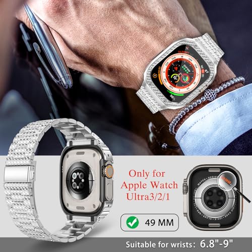 Image of MioHHR Stainless Steel Band and Case Compatible with Apple Watch Band 49mm | Men Metal Protective Bumper Cover with Straps for iWatch 49mm Series Ultra 3, Ultra 2, Ultra, Silver Pattern