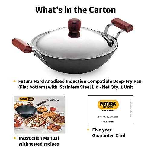 Futura IL23 Induction Compatible Hard Anodised Flat Bottom Deep Fry Pan/Kadhai with Steel Lid, 2.5 Liter