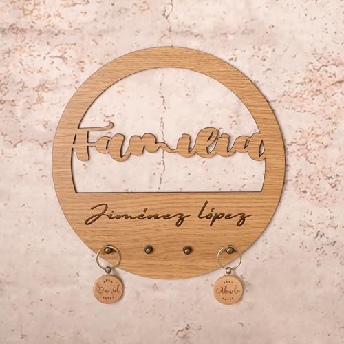 ONLYGUAY Colgador de Llaves en Madera Personalizado con Nombre Familia | Cuelga Llaves Pared Casa Decoracion Llaveros Frase (Circulo)