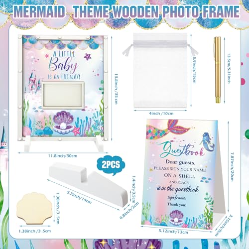 Image of Beeveer 65 Pcs Mermaid Baby Shower Guest Book Alternatives Sea You Soon Baby Shower Decorations Under The Sea Sign in Guest Book with Picture Frame and 60 Wooden Chip Mermaid Party Favors