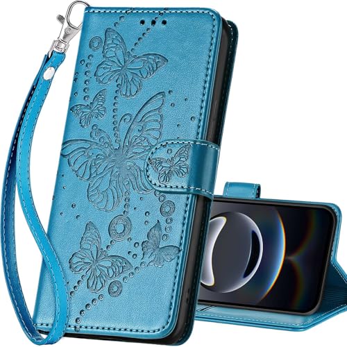 SASYMALY for iPhone 16e Wallet case, Flip Folio Cover with Stand Feature for Women Men, PU Leather Phone Case Fit for iPhone 16e 6.1 Inch [Blue-Butterfly]