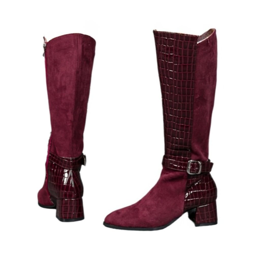 Faithgee Women Coarse Heeled Wine Red Mid Heeled Boots with Pointed Toes and Side Zippers Suede Snake Skin