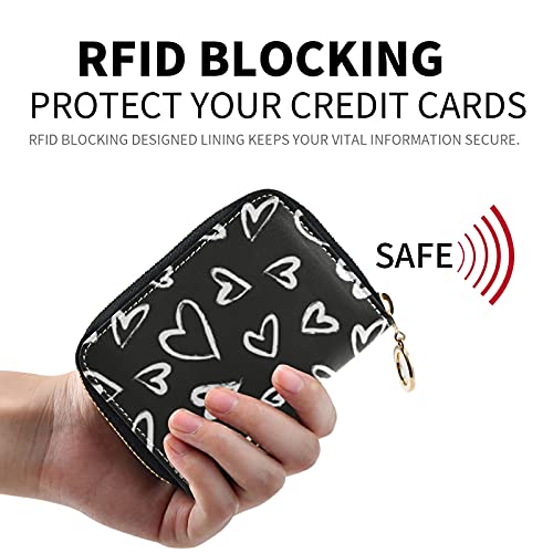 OTVEE Black White Hearts RFID Credit Card Wallet, Microfiber Leather Zipper Card Case Holder for Women2