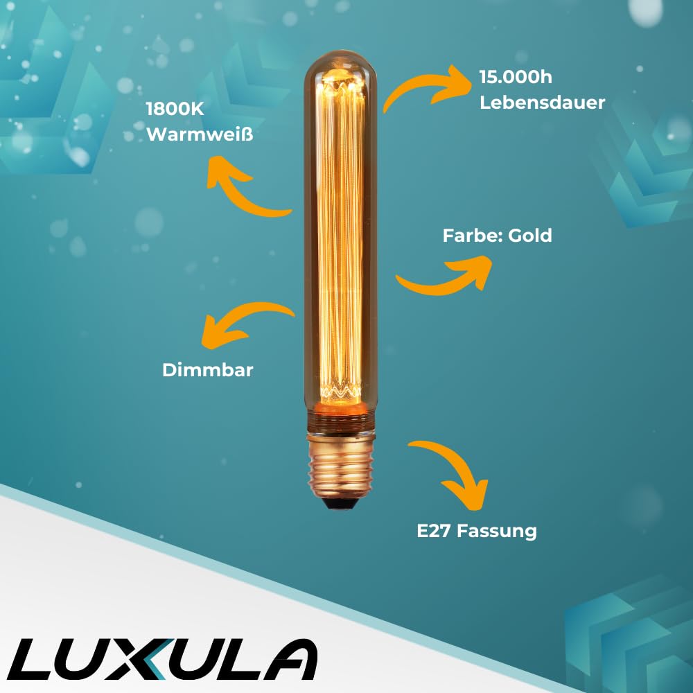 LUXULA 10x LED Filament Leuchtmittel Amber - Röhre T30 E27 2,3W 65lm 1800K Warmweiß dimmbar - Vintage Design Ambiente Deko Glühbirne Tube Stab