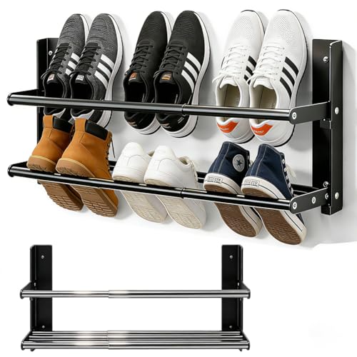 Ruioomeep Zapatero de pared de 2 niveles, zapatero de metal negro, soporte de pared para 6 pares de zapatos, extensible de 37 a 67 cm, almacenamiento de zapatos, ahorra espacio para caravanas, baño y
