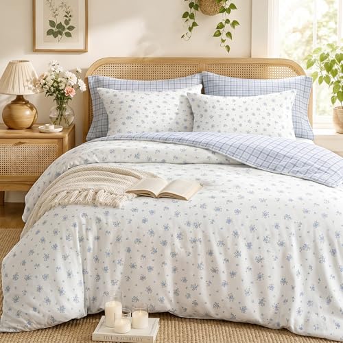 Freyamy Bettwäsche 155x220cm 2teilig Weiß Hellblau Blumen Bettwäsche-Set – Ansicht 2