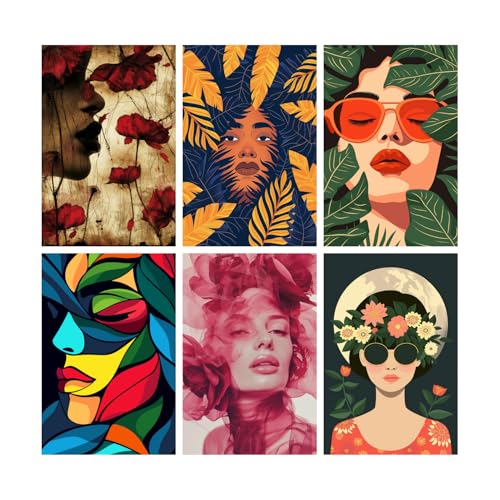 Image of SiddArtify Red - Gold Floral Women Portraits Art Print Set - 300GSM Board - 8x12 Inch - Pack of 6 Wall Room Decoration art Poster Prints
