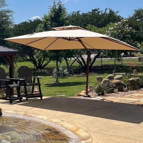 PURPLE LEAF Alu Holzoptik Ampelschirm Rechteckig 300 x 400 cm Rechteckig Sonnenschirm Groß 360° Drehbar Doppeldach Gartenschirm mit Kurbel Doppeldach, Beige