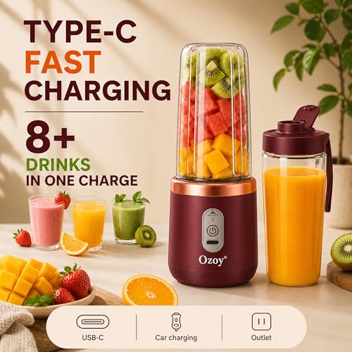 Image of Juicer for Home ^ CITRODA Juicer Mixer Grinder with 1500mAh Battery, 6 Blades 3Gears Fast Blending, 2-Jar Capacity (400ml*2) | 40 Watts Bullet Rechargeable Portable Personal Juicer (Maroon)