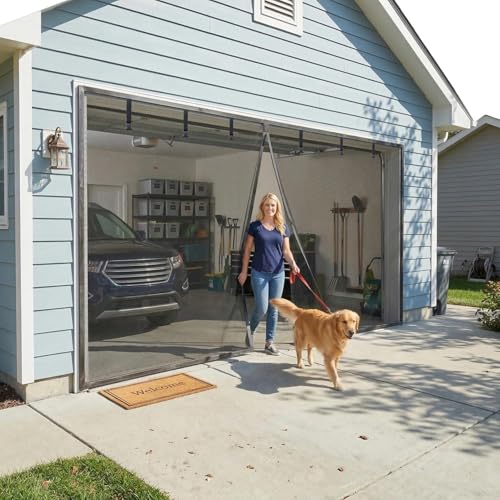 Garage Door Screen 16.3x7.15 ft,Heavy Duty Fiberglass Screen Mesh Hands-Free,Powerful-Sealing Magnets for Garage Patio & Sliding Doors (Gray Summer Screen, Fit Garage Size 16x7ft)