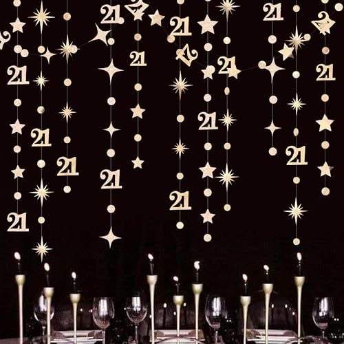 Image of Champagne Gold 21st Birthday Decorations Number 21 Circle Dot Star Garland Metallic Streamer Banner Backdrop for Girls Boys Cheers to 21 Years Finally Legal Bday Happy 21st Anniversary Party Supplies