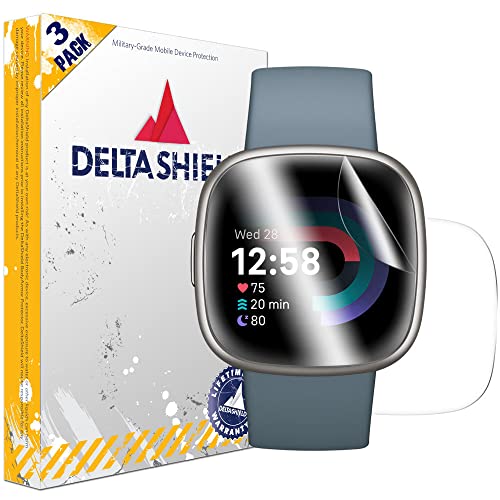 DeltaShield Full Body Skin for Fitbit Sense 2 / Versa 4 (3-Pack)(Screen Protector Included) Front and Back Protector BodyArmor Non-Bubble Military-Grade Clear HD Film