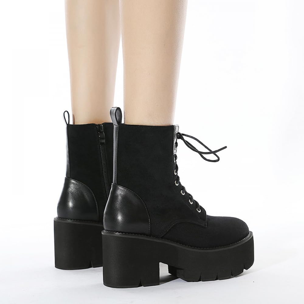 PROMI High Heels Hohe Absätze Dicker Boden Schnürstiefel Seite Reißverschluss Schuhe